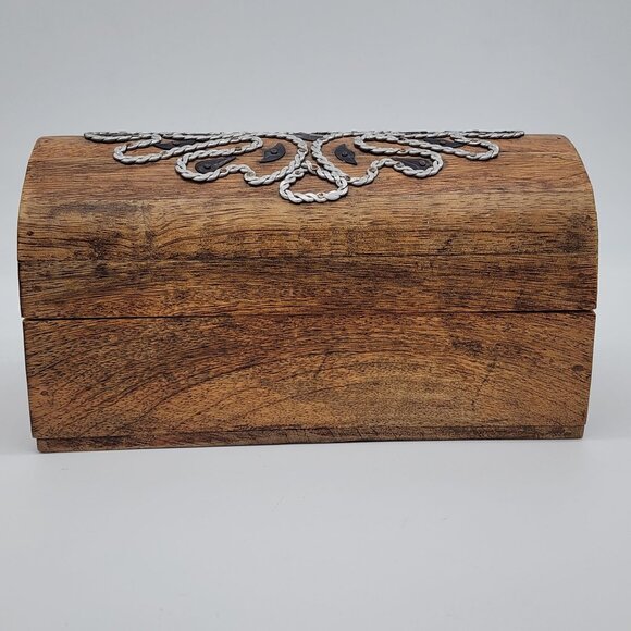 Handmade Wooden Treasure Trinket Box Braided Hammered Metal Design 8" Wide VTG - Picture 3 of 8